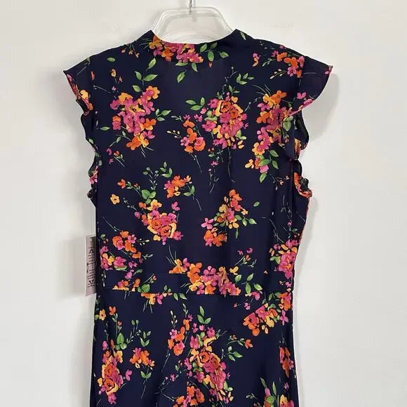 Nanette Lepore Floral Chiffon Dress Size 10 Ruffle Sleeveless Summer Navy NEW - Picture 7 of 8